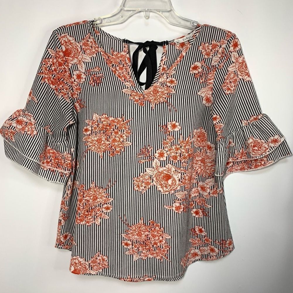 Lodys Women's Floral V-Neck Tiered Bell Sleeve Blouse Multicolor Size Small